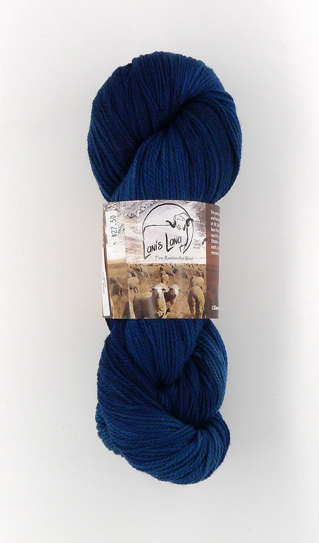 Buffalo Hills "Dark Sky" Indigo Dyed Sport weight yarn on a Climate Beneficial Wool Base Yarn.  4 0z 3-ply skeins made and sourced in the USA. Fantastic Dark Blue shade. 
